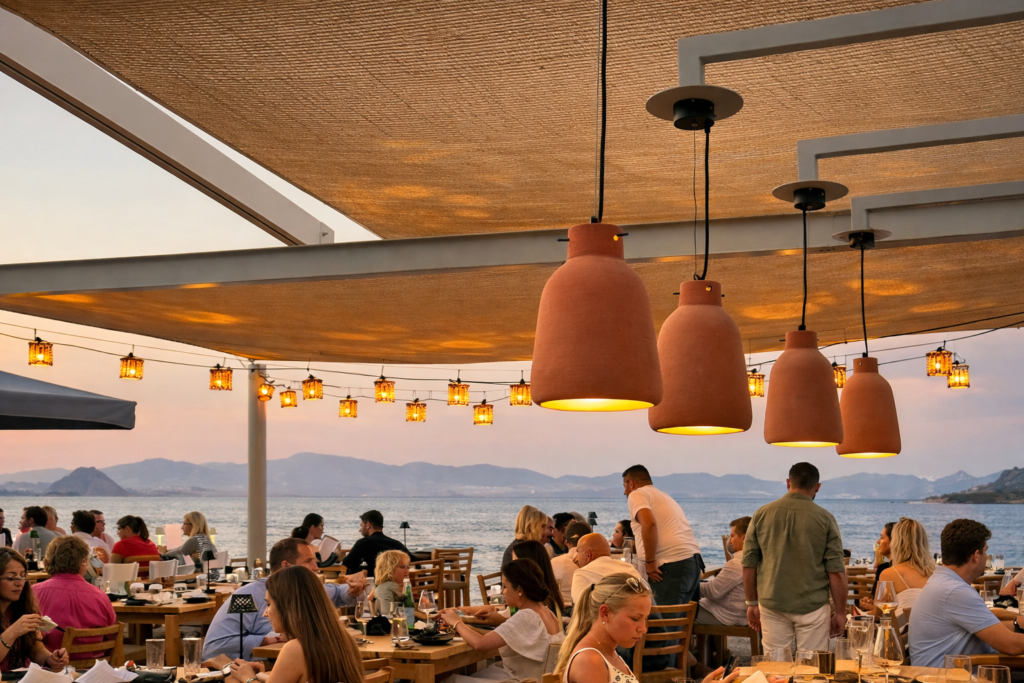 Best shrimps in Kos Island at Almyra Restaurant, beachfront seafood dining with fresh grilled shrimp and stunning sunset sea view