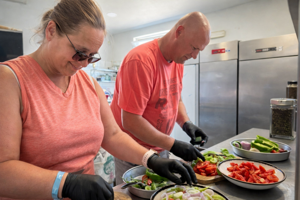 Greek salad cooking class in Kos Greece with fresh vegetables feta cheese olive oil traditional Greek food preparation experience