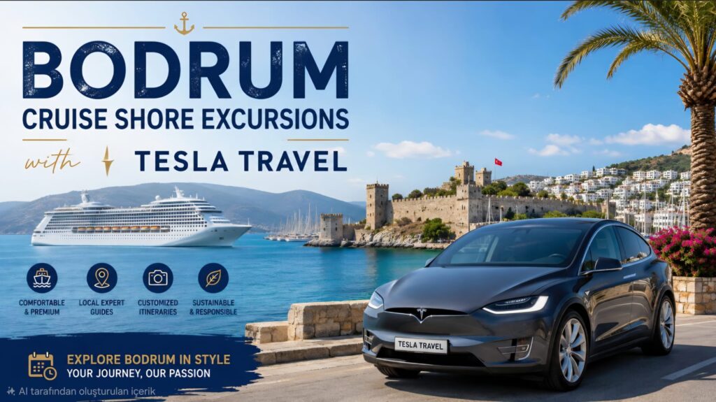 ALT TEXT: BODRUM CRUISE SHORE EXCURSIONS WITH TESLA TRAVEL luxury shore tours in Bodrum featuring Bodrum Castle, turquoise sea, traditional boat, beaches, local cuisine, historical sites, and private guided cruise excursions in Turkey.