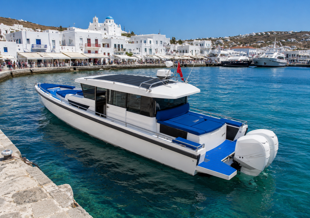BODRUM TO MYKONOS BY AXOPAR 37 luxury private speedboat transfer in the Aegean Sea with blue deck cushions and premium modern design.