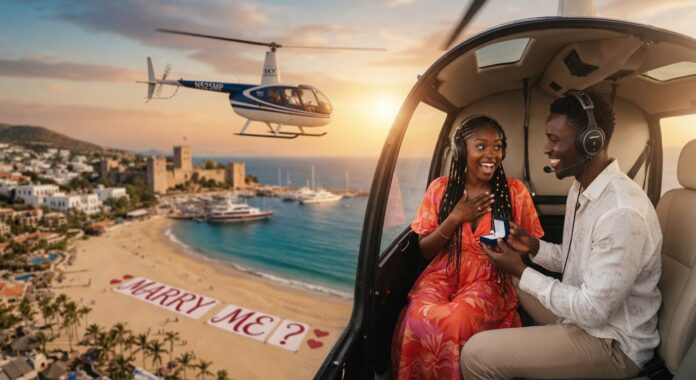 Helicopter Marriage Proposal in Bodrum with a luxury helicopter flying over the Aegean coastline while a romantic “Marry Me” setup is displayed below for a surprise proposal experience organized by Tesla Travel.