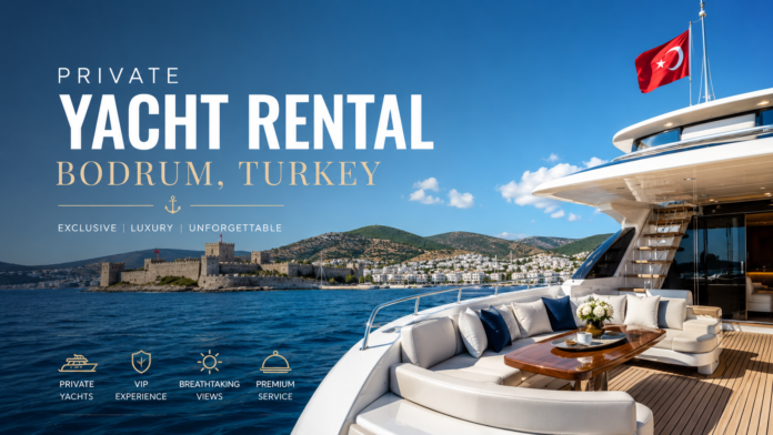 PRIVATE YACHT RENTAL BODRUM TURKEY luxury yacht cruising along the Bodrum coastline with panoramic sea views, elegant deck seating, and premium VIP holiday experience under a clear blue sky.