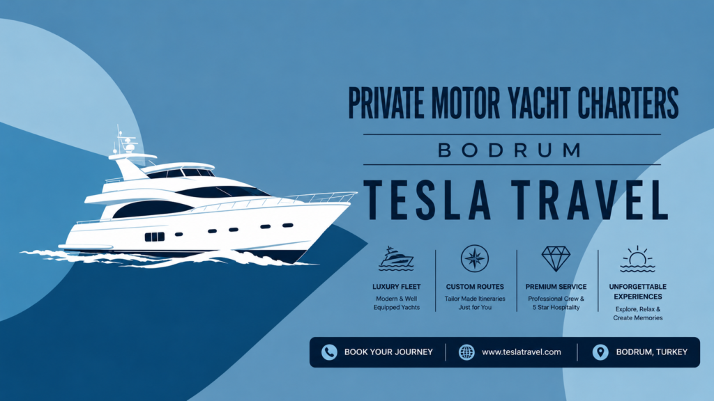 Tesla Travel Motor Yacht luxury yacht charter experience in Bodrum with VIP private boat tour, turquoise waters, premium comfort, and unforgettable Aegean coastline views.