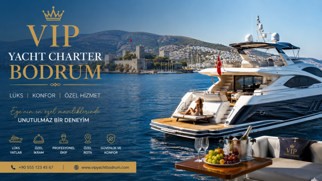 VIP YACHT CHARTER BODRUM luxury motor yacht cruising in Bodrum turquoise sea with premium private charter experience, sunset views, VIP service, and exclusive holiday atmosphere.