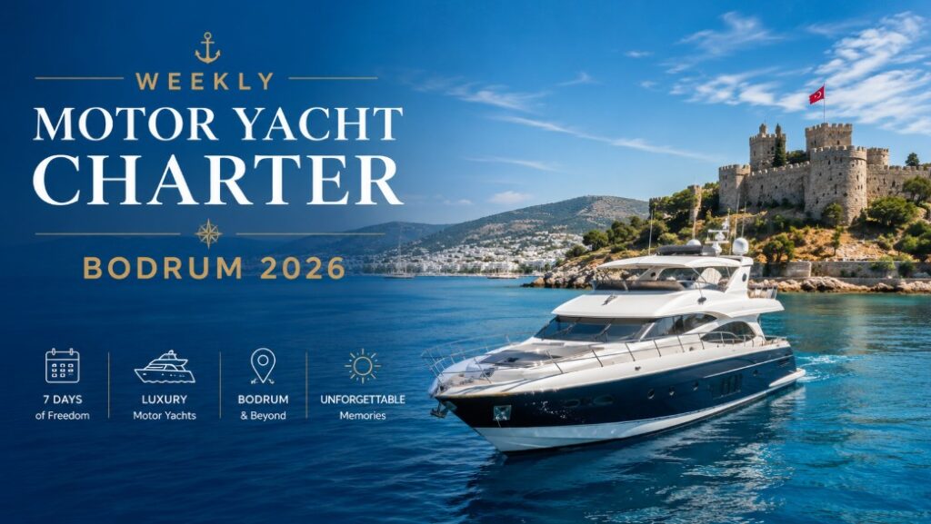 WEEKLY MOTOR YACHT CHARTER BODRUM 2026 luxury motor yacht cruising along the Bodrum coastline with turquoise sea and Bodrum Castle in the background during summer holiday season.