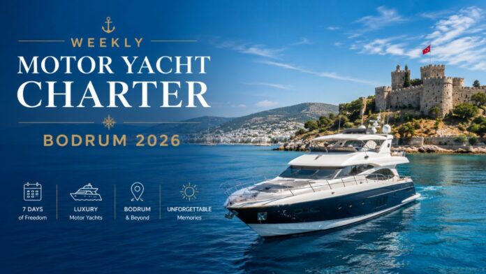 WEEKLY MOTOR YACHT CHARTER BODRUM 2026 luxury motor yacht cruising along the Bodrum coastline with turquoise sea and Bodrum Castle in the background during summer holiday season.