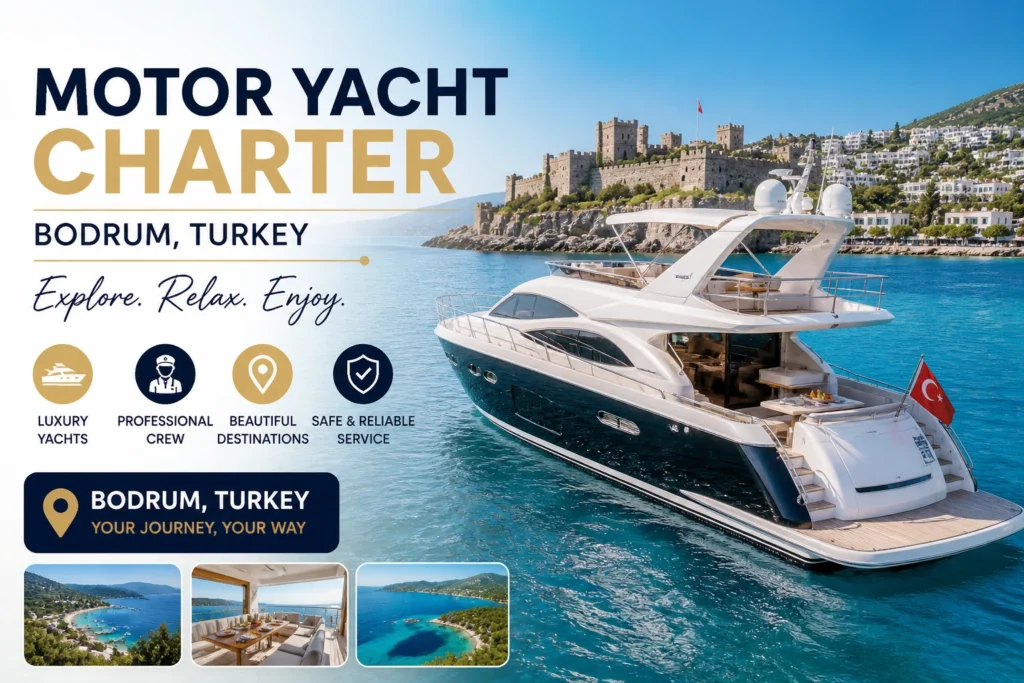 MOTOR YACHT CHARTER BODRUM, TURKEY luxury private yacht cruising along Bodrum coastline with professional crew and premium service