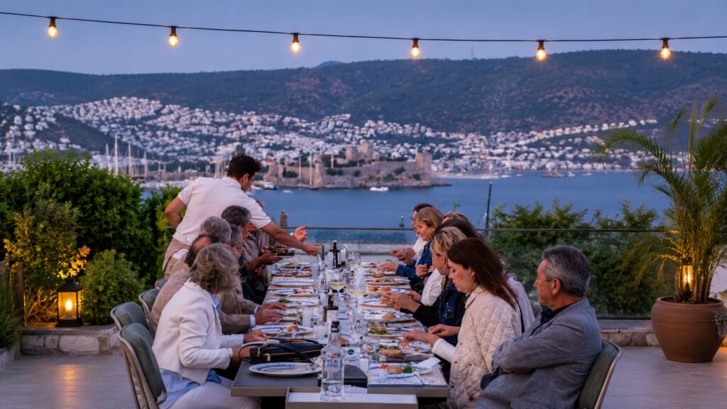 Afitap Meyhane Bodrum Castle View luxury Turkish meyhane restaurant with panoramic Bodrum Castle and marina scenery, elegant seafood tables, traditional mezes and stylish sunset dining atmosphere
