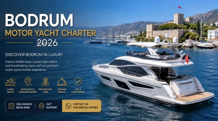 Bodrum Motor Yacht Charter 2026 luxury private yacht cruising in the turquoise waters of Bodrum and the Greek Islands during sunset with VIP guests enjoying an exclusive yacht experience by Tesla Travel.