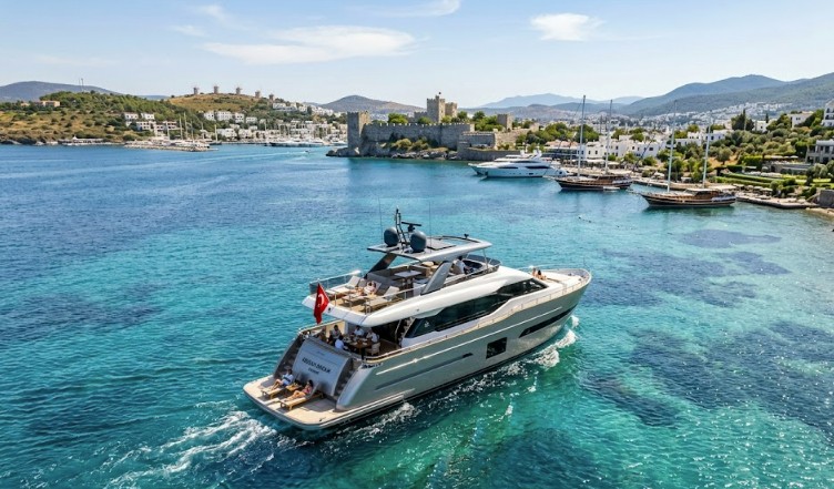Bodrum Motor Yacht luxury private yacht cruising along the Bodrum coastline with turquoise sea, elegant modern design, and VIP guests enjoying an exclusive yacht charter experience.