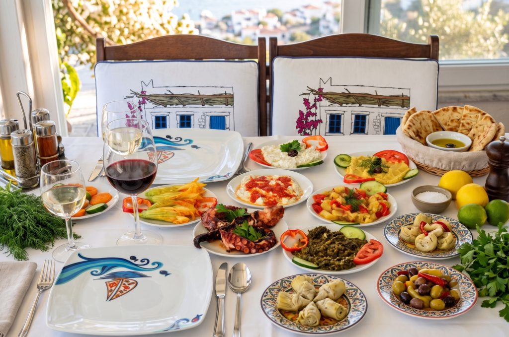 Körfez Restaurant Turkish Mezes in the Heart of Bodrum featuring authentic Aegean appetizers, fresh seafood mezes, olive oil dishes, and elegant marina dining in central Bodrum.