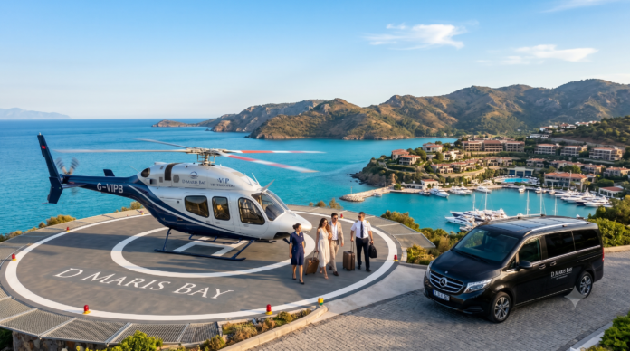 VIP Helicopter Transfer to D Maris Bay from Bodrum and Dalaman Airport with luxury black helicopter on a private helipad overlooking the turquoise coastline of Datça Peninsula.