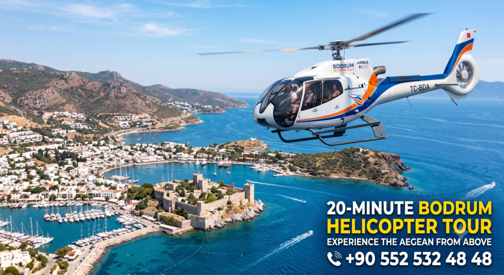 20-Minute Bodrum Helicopter Tour – VIP panoramic Airbus H130 helicopter flight over Bodrum Castle, Marina, Bitez, Gümbet, Aquarium Bay and the stunning Aegean coastline by Tesla Travel.