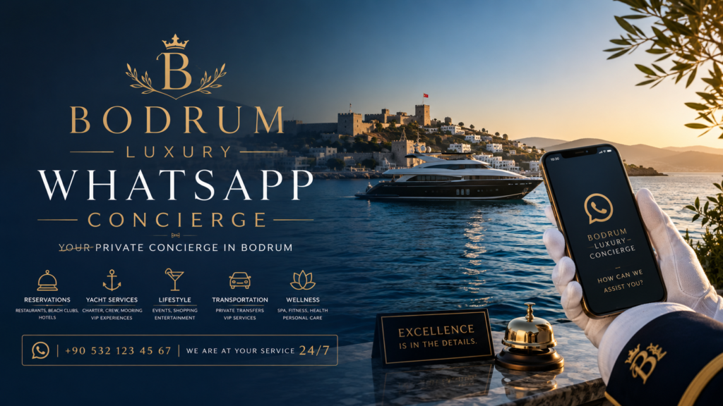 BODRUM LUXURY WHATSAPP CONCIERGE luxury promotional banner featuring a premium motor yacht cruising along the Bodrum coastline at sunset, Bodrum Castle in the background, elegant concierge branding, and a smartphone displaying