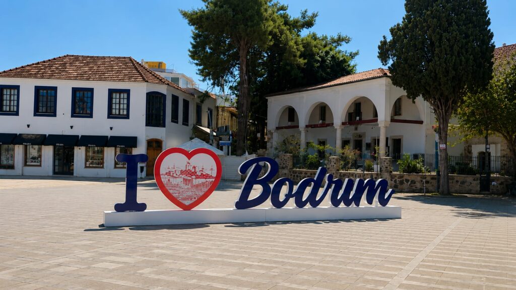 I Love Bodrum Sign in Bodrum town centre, a popular photo spot near Kızılhisarlı Mustafa Paşa Mosque and Bodrum Castle.