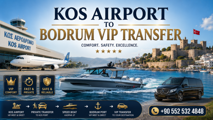 Luxury KOS Airport to Bodrum VIP Transfer service featuring private Mercedes V-Class pickup from Kos International Airport, fast transfer to Kos Port, premium speed boat crossing to Bodrum, and VIP chauffeur service to hotels, villas, marinas, and beach clubs.