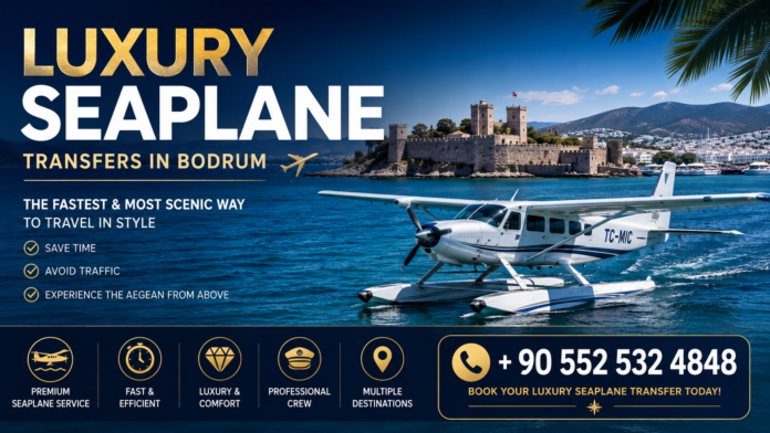 Luxury Seaplane Transfers in Bodrum promotional banner featuring a premium seaplane on the Aegean Sea with Bodrum Castle in the background, highlighting private luxury seaplane transfer services in Bodrum.