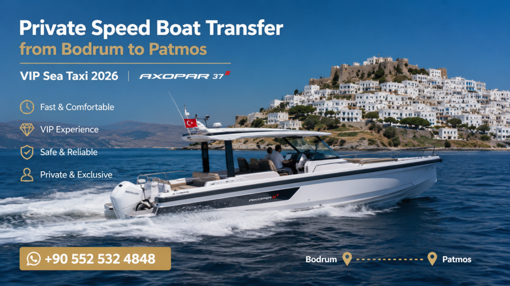 Private Speed Boat Transfer from Bodrum to Patmos aboard a luxury Axopar 37 crossing the Aegean Sea with Bodrum Castle in the background, offering fast VIP transportation to Patmos Island.