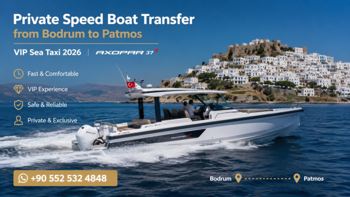 Private Speed Boat Transfer from Bodrum to Patmos aboard a luxury Axopar 37 crossing the Aegean Sea with Bodrum Castle in the background, offering fast VIP transportation to Patmos Island.