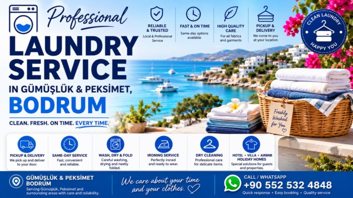 Professional Laundry Service in Gümüşlük & Peksimet, Bodrum – Fast, reliable laundry and dry cleaning service for residents, holiday villas, hotels, yachts, and Airbnb guests in Gümüşlük and Peksimet, Bodrum, offering wash, dry, fold, ironing, and convenient pickup & delivery.