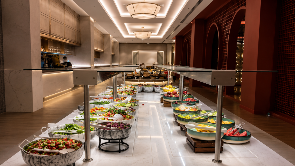 Fresh and colorful salad buffet at Sinnada Resort & Thermaland, featuring a wide selection of seasonal vegetables, gourmet salads, and healthy dining options in a luxury restaurant.