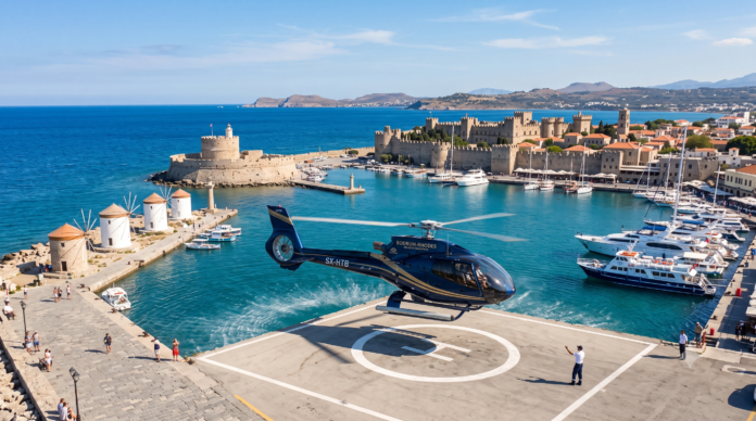 BODRUM TO RHODES BY HELICOPTER – Private helicopter transfer from Bodrum to Rhodes with breathtaking Aegean Sea views, VIP concierge service, luxury comfort, and the fastest travel between Türkiye and Greece.
