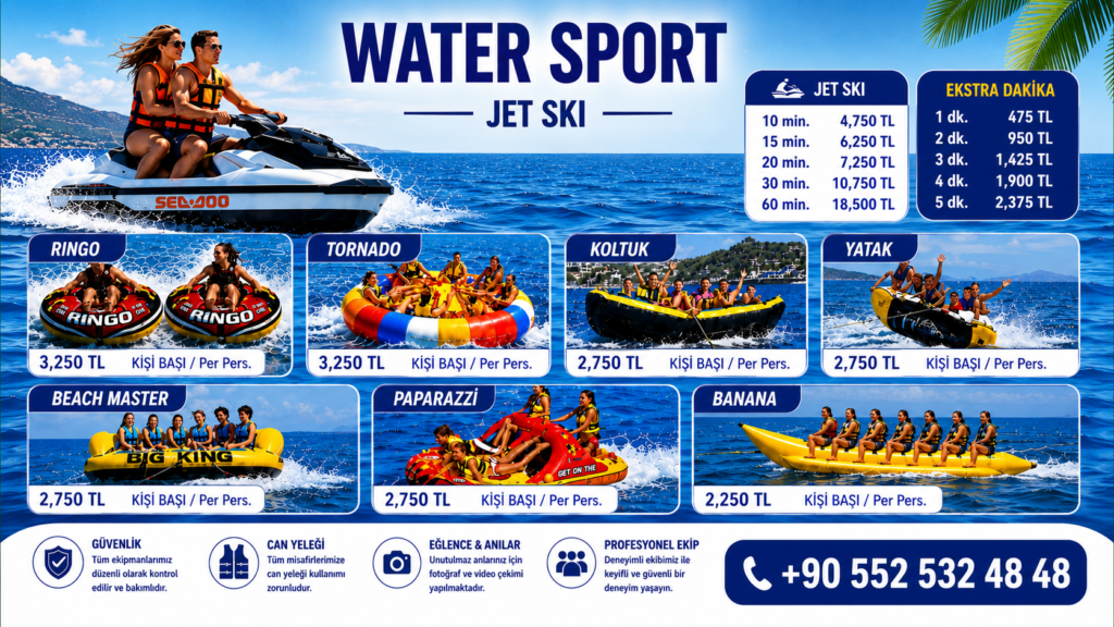 TURKBUKU Water Sports promotional banner featuring jet ski tours, wakeboard, paddle board, kayak, inflatable rides, and private boat experiences in TURKBUKU, Bodrum.
