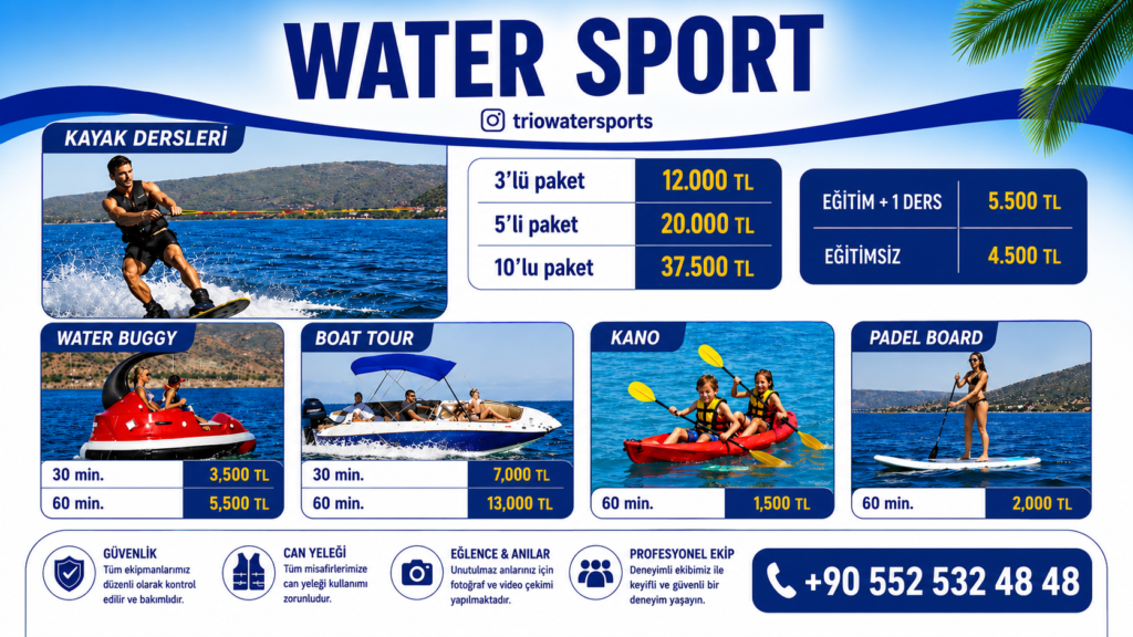 TURKBUKU Water Sports Prices featuring jet ski, wakeboard, banana boat, paddle board, kayak, boat tours, and other water sports price list in TURKBUKU, Bodrum.