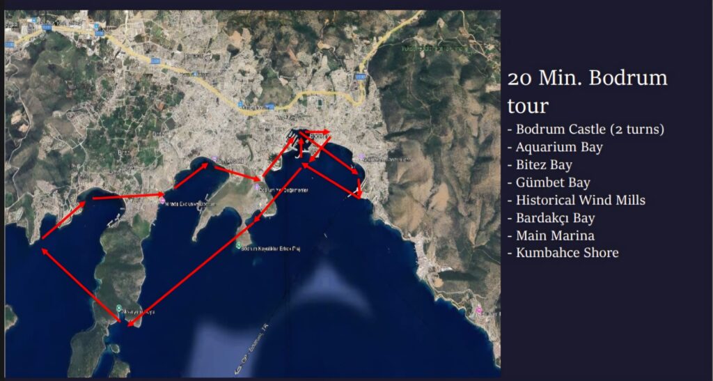 Tesla Travel 20 Minute Flight Route showing the panoramic Airbus H130 helicopter route over Bodrum, including Bodrum Castle, Bitez Bay, Gümbet Bay, Aquarium Bay, Bardakçı Bay, Bodrum Marina, Kumbahçe Beach, and the stunning Aegean coastline.