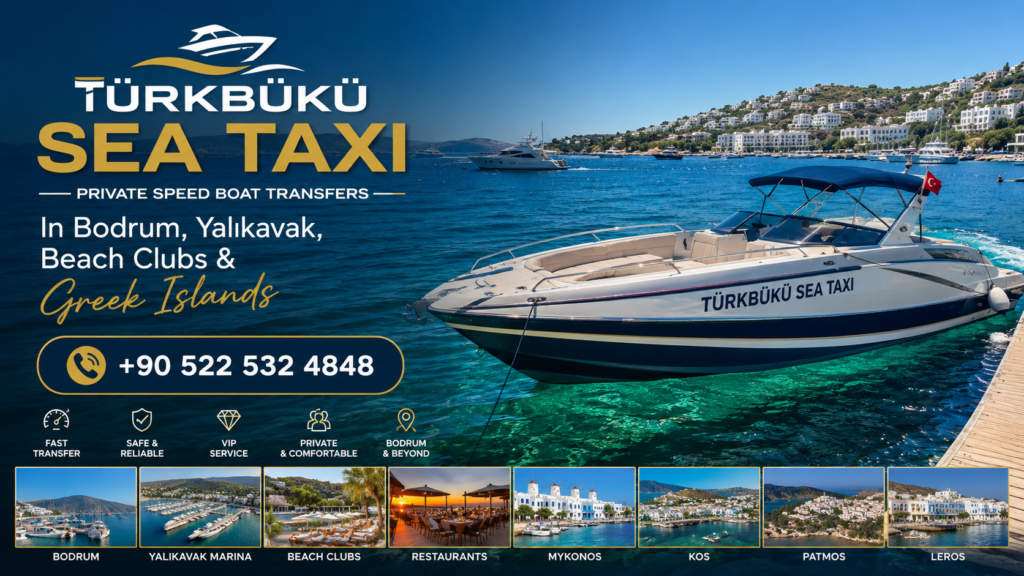 Türkbükü Sea Taxi private speed boat transfer service at Göltürkbükü, Bodrum, offering fast sea taxi transportation between hotels, beach clubs, restaurants, yachts, and nearby coastal destinations.