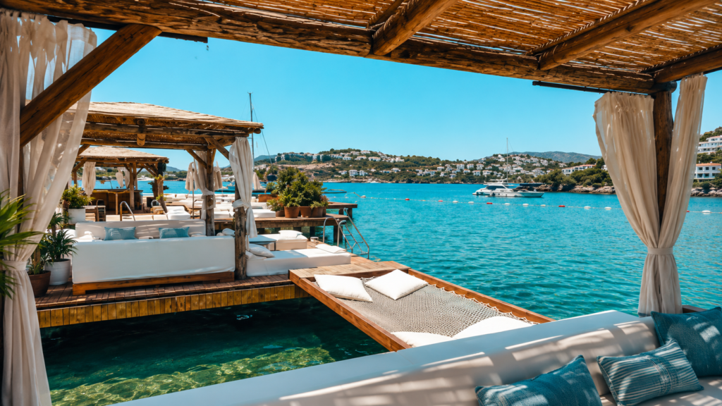 Villa Azur Yalıkavak Bodrum Cabana overwater luxury cabana with private sun loungers, hammock, turquoise Aegean Sea, elegant beach club atmosphere, premium relaxation, and panoramic sea views in Yalıkavak, Bodrum.