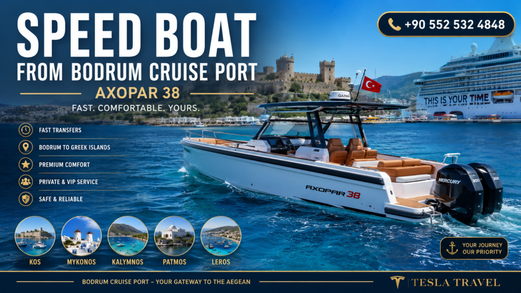 SPEED BOAT FROM BODRUM CRUISE PORT – Luxury Axopar 38 private speed boat departing directly from Bodrum Cruise Port with Bodrum Castle and a cruise ship in the background, offering fast VIP transfers to the Greek Islands including Kos, Mykonos, Kalymnos, Patmos and Leros. Tesla Travel private charter service. +90 552 532 4848.