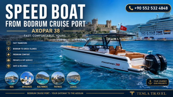SPEED BOAT FROM BODRUM CRUISE PORT – Luxury Axopar 38 private speed boat departing directly from Bodrum Cruise Port with Bodrum Castle and a cruise ship in the background, offering fast VIP transfers to the Greek Islands including Kos, Mykonos, Kalymnos, Patmos and Leros. Tesla Travel private charter service. +90 552 532 4848.