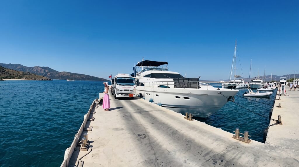 Motor yacht receiving fuel delivery in Bodrum, Turkey.