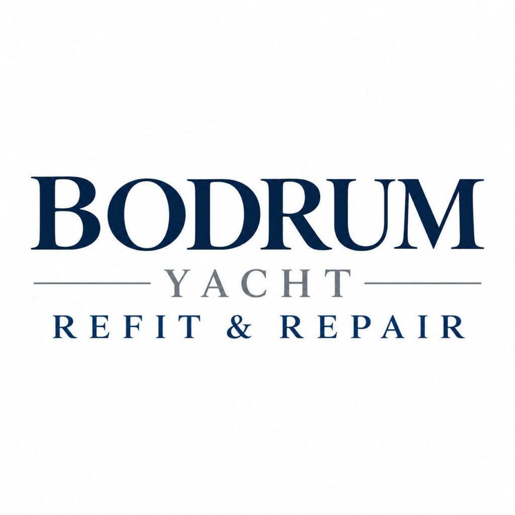 Yacht refit and repair in Bodrum, showing a motor yacht ashore beneath a blue travel lift at a boatyard